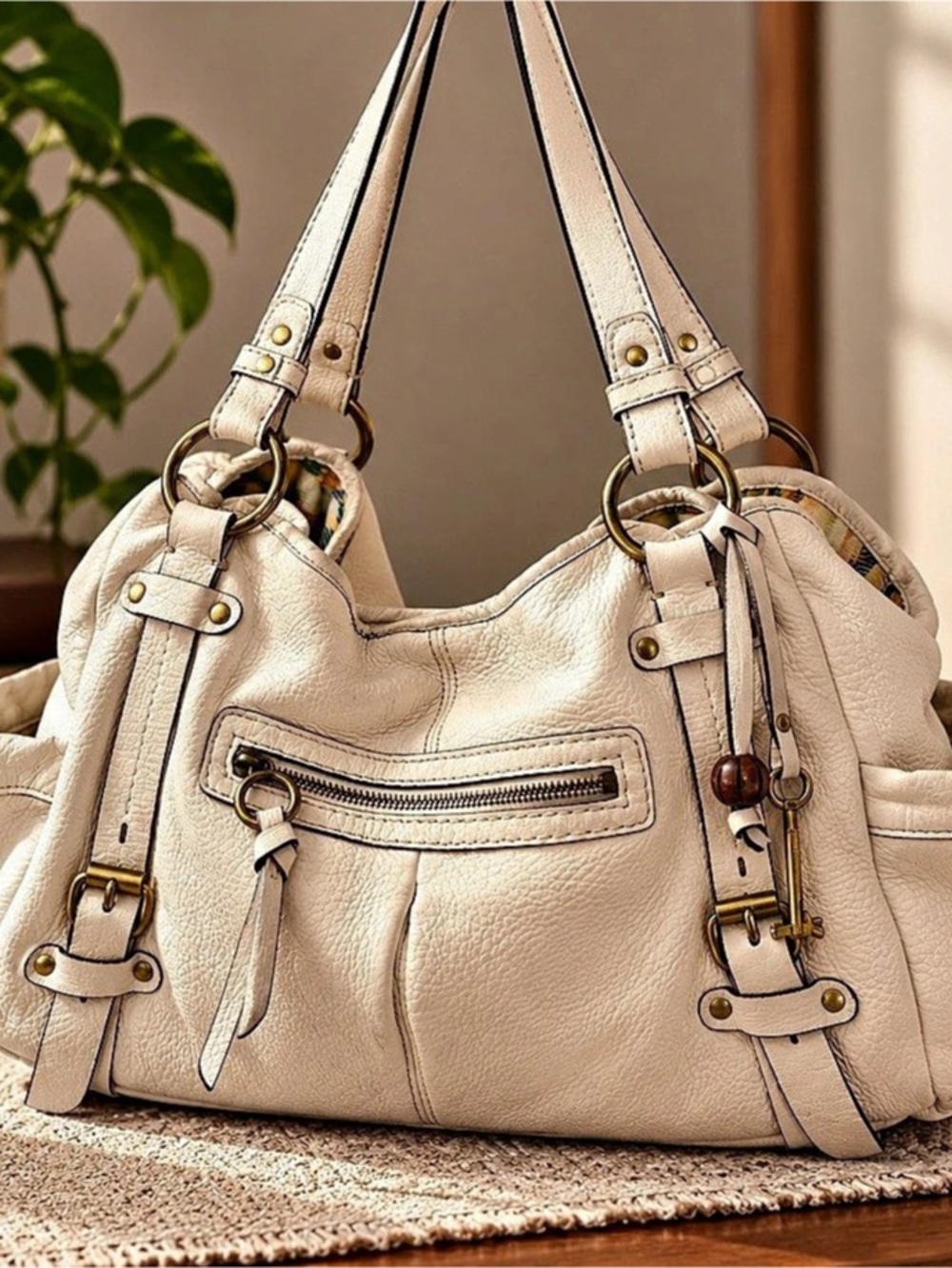 Fossil Cream Pebbled Leather Shoulder Bag Satchel Brass Hardware
